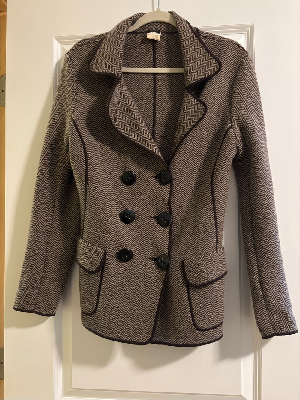 Wool-Blend Chevron Double-Breasted Blazer Jacket - Brown